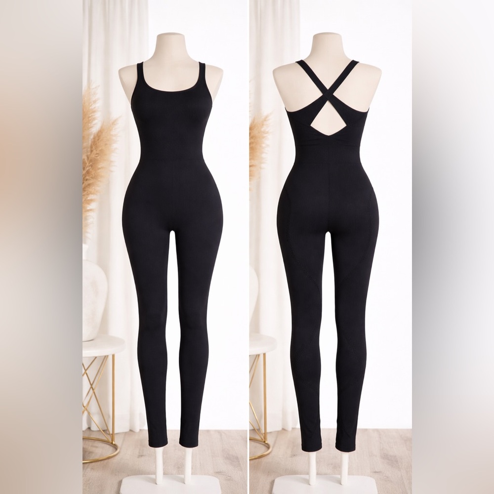 Black Low Back Jumpsuit Medium Seamless Stretch Bodycon Activewear M